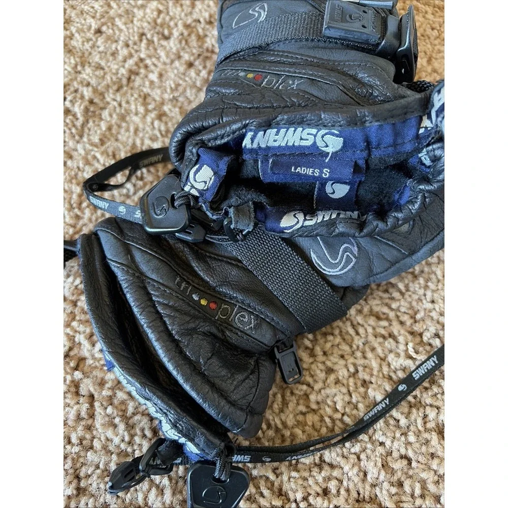 Swany Classic Black Leather Tri-Plex Insulated Ski Gloves Mittens Womens Small